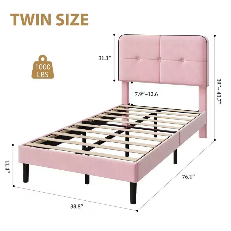 Velvet Upholstered Platform Bed Frames with Adjustable Headboard for Bedroom, No Box Spring Needed