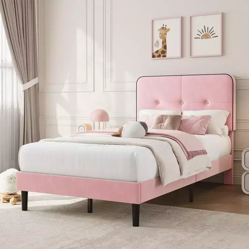 Velvet Upholstered Platform Bed Frames with Adjustable Headboard for Bedroom, No Box Spring Needed