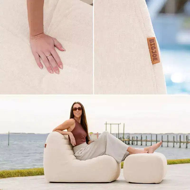 Ensemble de mobilier de patio extérieur Big Joe Solvana, fauteuil et ottoman en tissu de lin performant résistant aux intempéries, sectionnel 2 pièces, crème ensoleillée