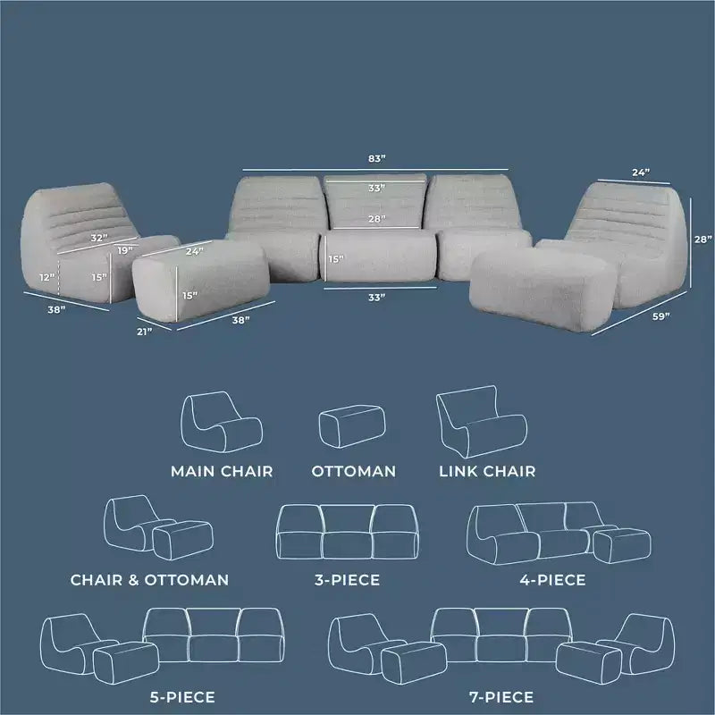 Big Joe Solvana Outdoor Patio Furniture Set, Performance Linen Weather-Resistant Fabric Sofa, 7 Piece Sectional, Port Gray