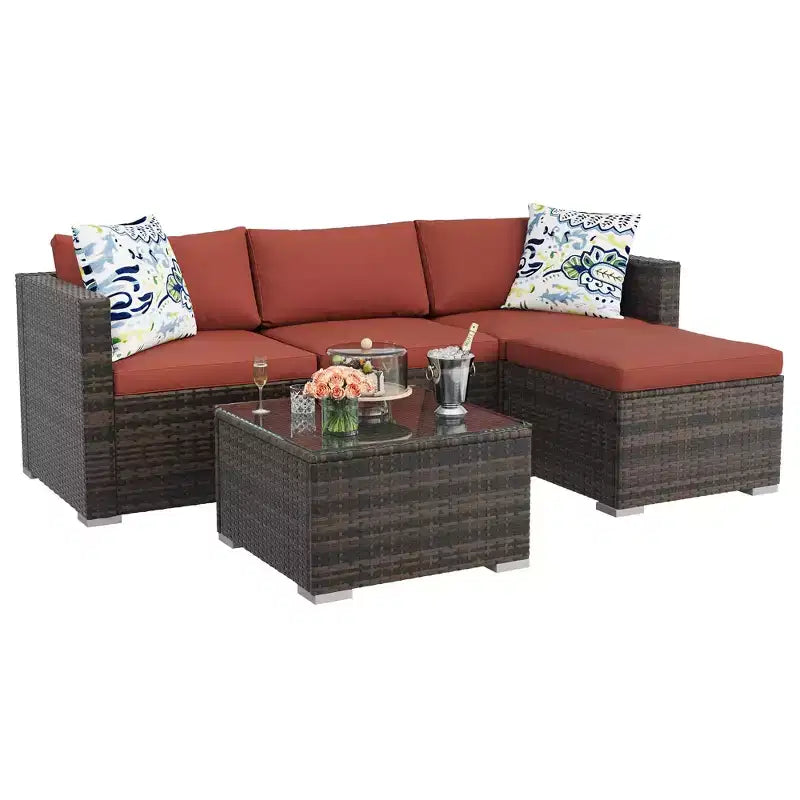 Ensemble de canapé d'angle extérieur en rotin synthétique 5 pièces résistant aux intempéries, salon de jardin modulable avec coussins et table basse en verre