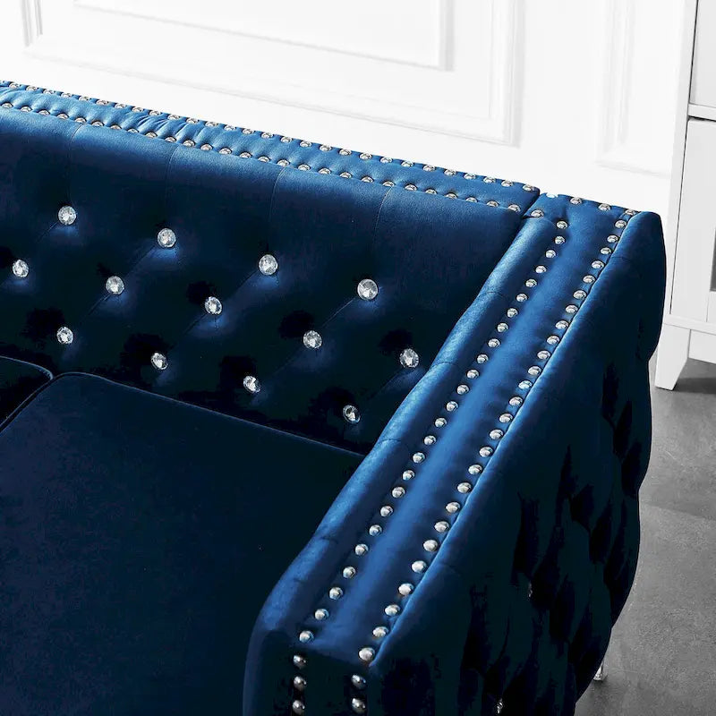 Square Arm Velvet Loveseat with Jeweled buttons and 2 Pillows