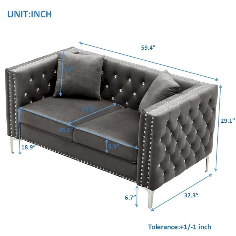 Square Arm Velvet Loveseat with Jeweled buttons and 2 Pillows