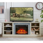 Meuble TV moderne avec foyer électrique de 23 po, grand meuble de rangement TV en fausse pierre empilée