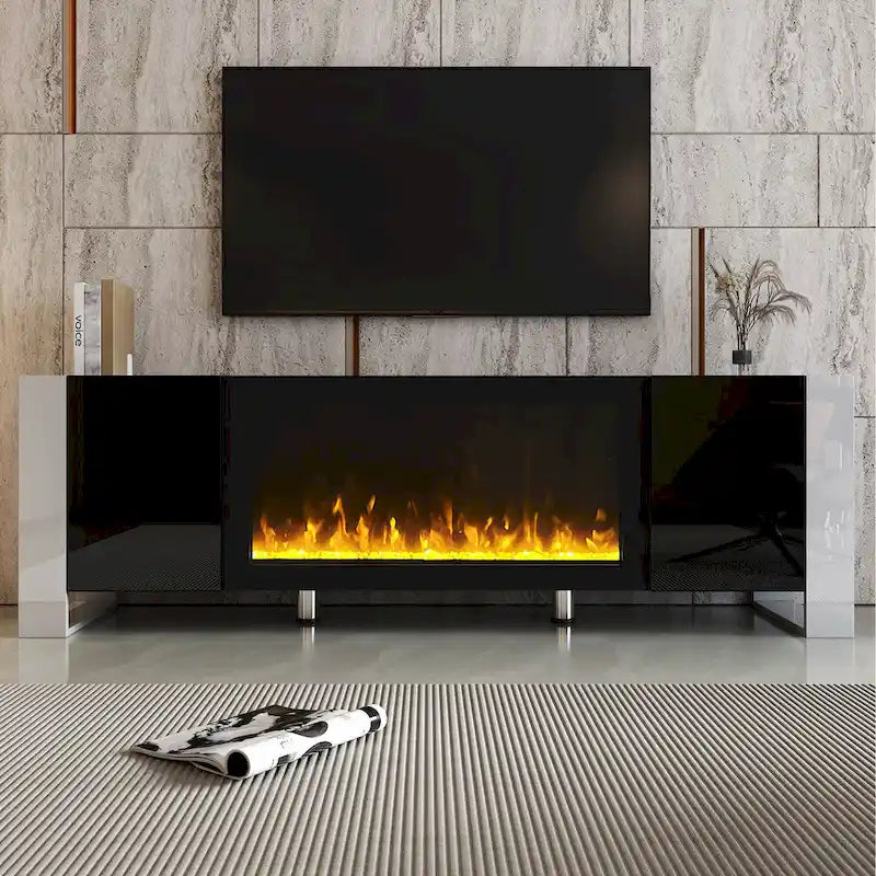 Black Modern 68.1 Fireplace TV Stand with 2 Large Cabinets for TVs Up to 78