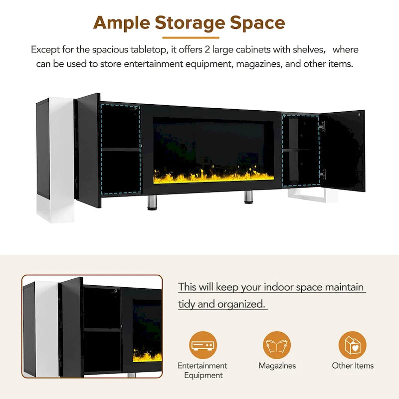 Black Modern 68.1 Fireplace TV Stand with 2 Large Cabinets for TVs Up to 78