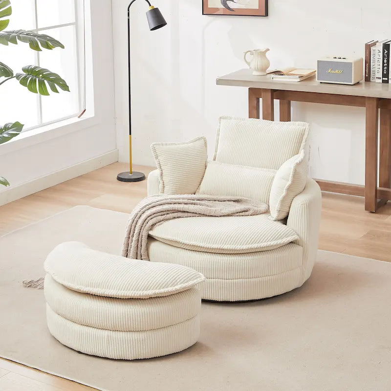 Beige 52 Upholstered Swivel Barrel Chair with Moon Storage Ottoman and Pillows