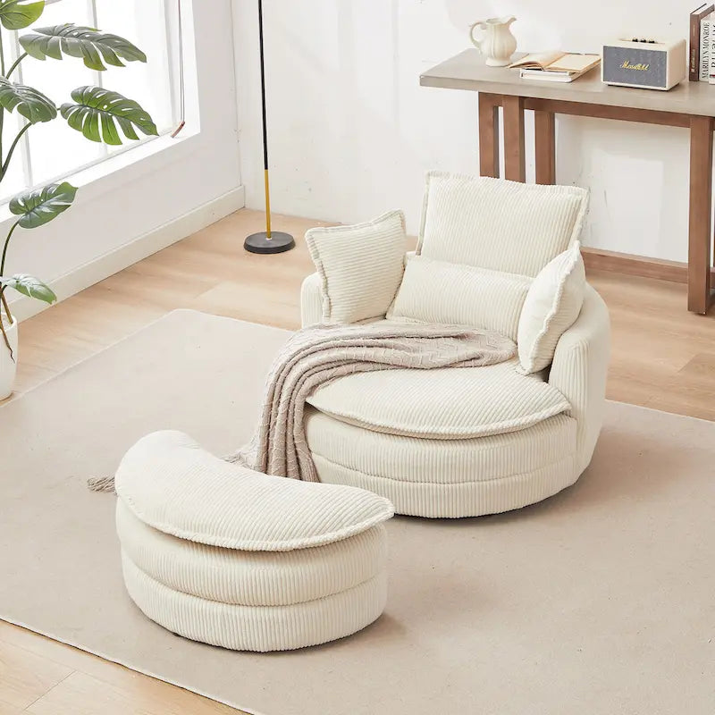 Beige 52 Upholstered Swivel Barrel Chair with Moon Storage Ottoman and Pillows