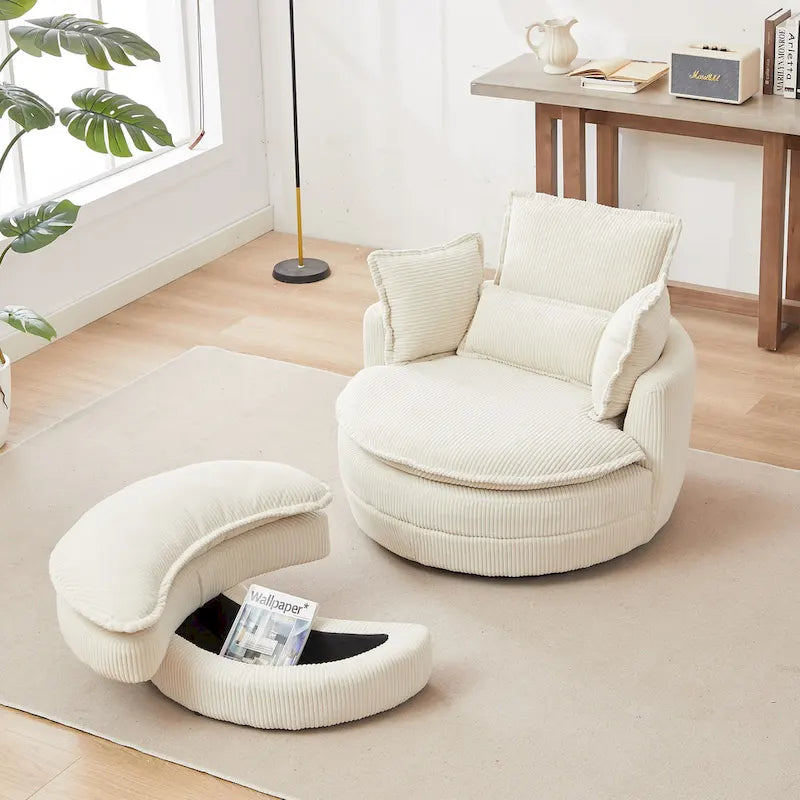 Beige 52 Upholstered Swivel Barrel Chair with Moon Storage Ottoman and Pillows