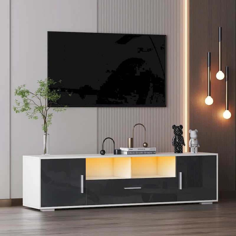 Gray 62.99 TV Stand with LED Lights, Cabinets, and Open Shelves for TVs Up to 65