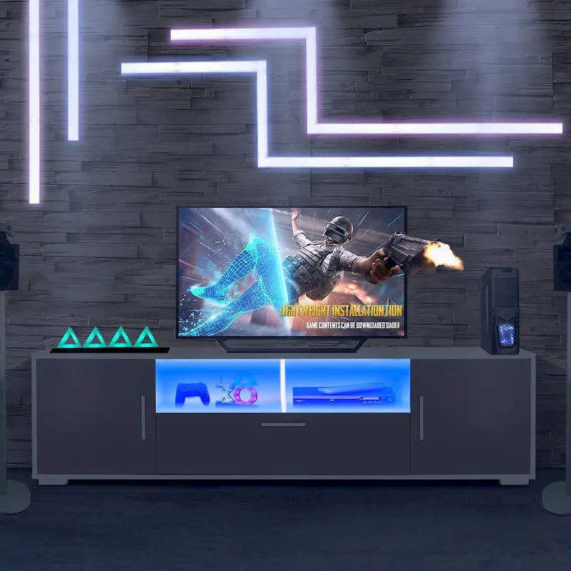Gray 62.99 TV Stand with LED Lights, Cabinets, and Open Shelves for TVs Up to 65