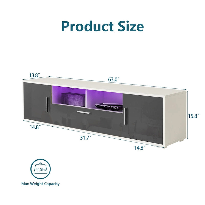 Gray 62.99 TV Stand with LED Lights, Cabinets, and Open Shelves for TVs Up to 65
