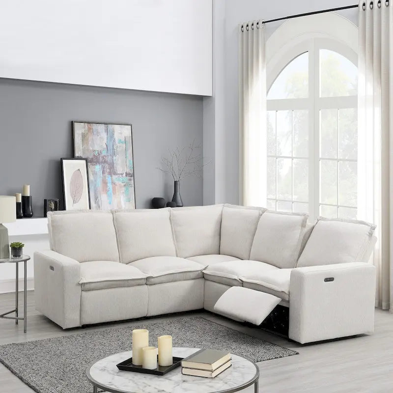 Linen Upholstered L-Shaped Sectional Sofa with 2 Power Recliner Chair and USB Port for Living Room