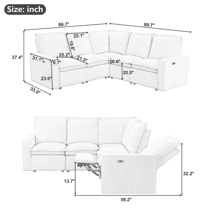 Linen Upholstered L-Shaped Sectional Sofa with 2 Power Recliner Chair and USB Port for Living Room