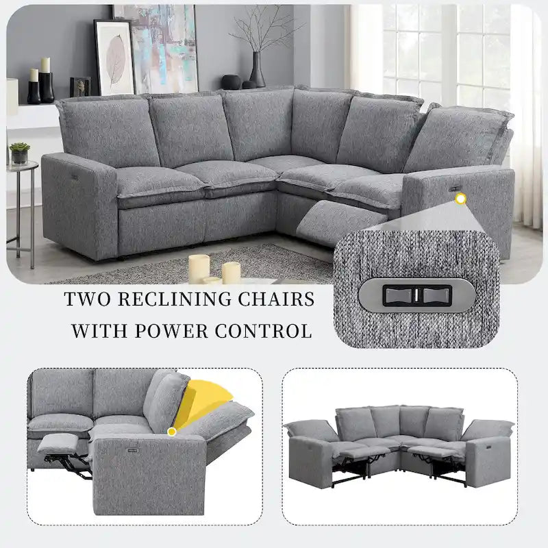 Linen Upholstered L-Shaped Sectional Sofa with 2 Power Recliner Chair and USB Port for Living Room