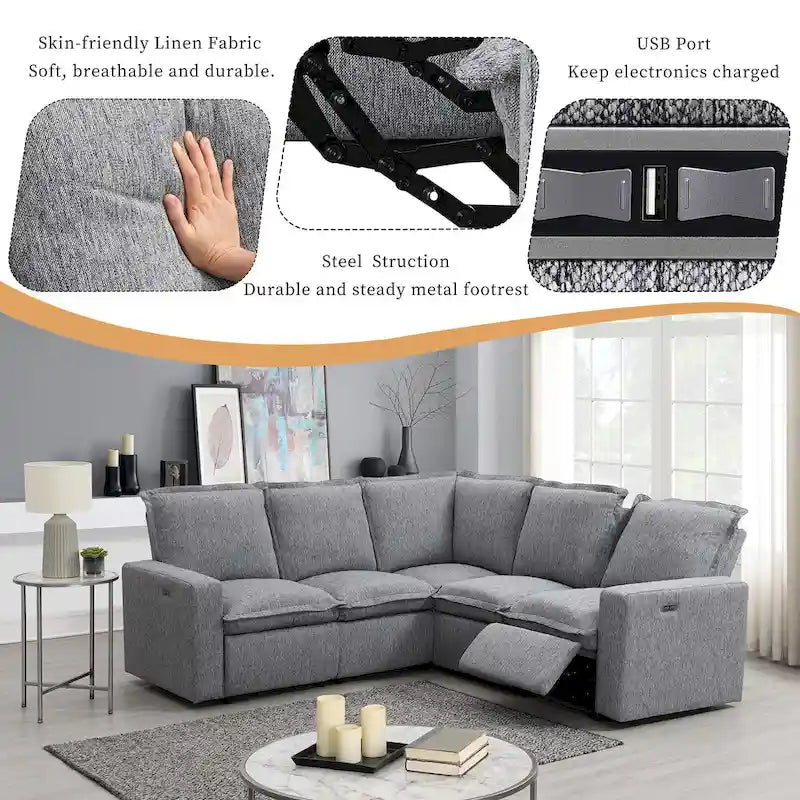Linen Upholstered L-Shaped Sectional Sofa with 2 Power Recliner Chair and USB Port for Living Room