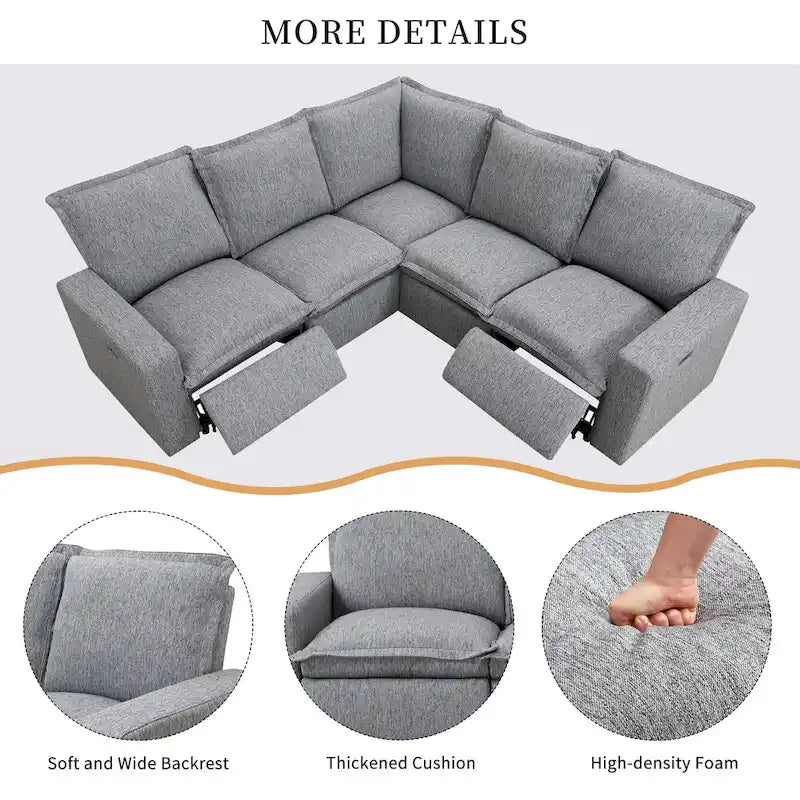 Linen Upholstered L-Shaped Sectional Sofa with 2 Power Recliner Chair and USB Port for Living Room