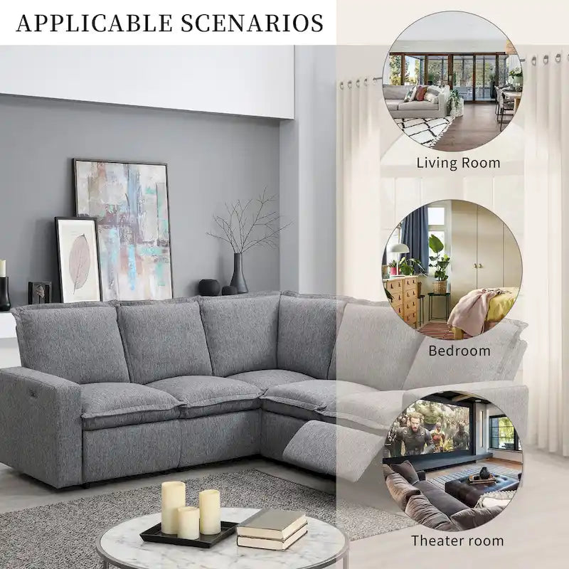 Linen Upholstered L-Shaped Sectional Sofa with 2 Power Recliner Chair and USB Port for Living Room