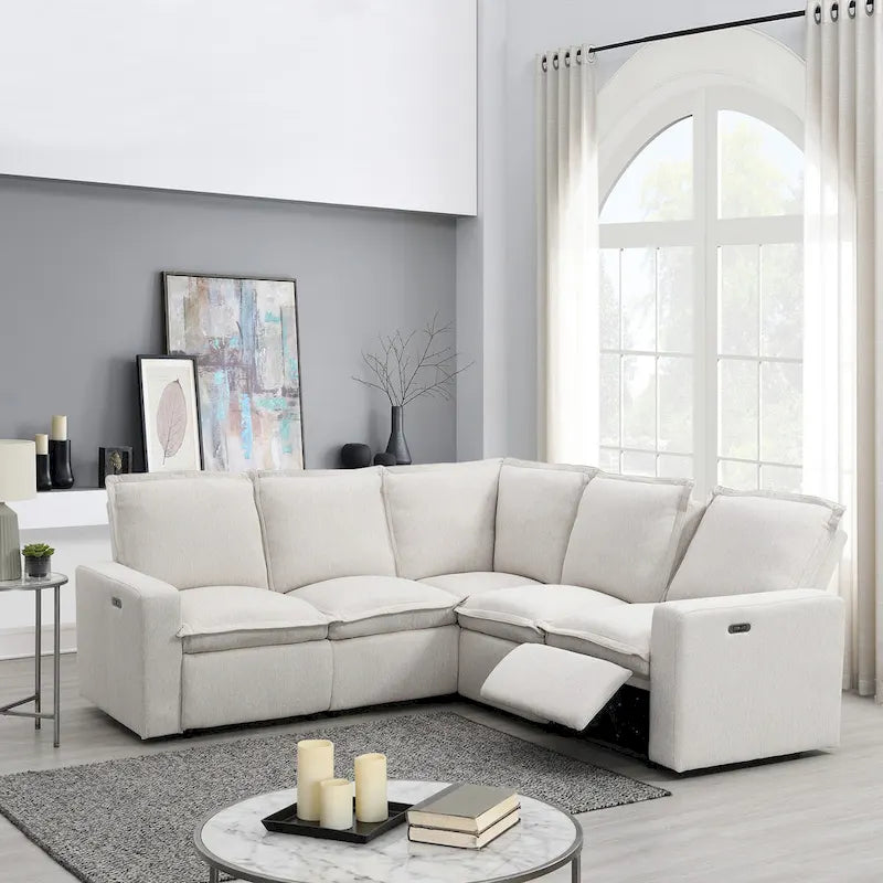 Linen Upholstered L-Shaped Sectional Sofa with 2 Power Recliner Chair and USB Port for Living Room