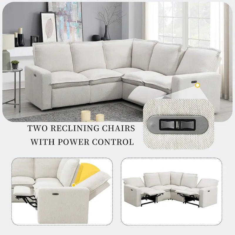 Linen Upholstered L-Shaped Sectional Sofa with 2 Power Recliner Chair and USB Port for Living Room