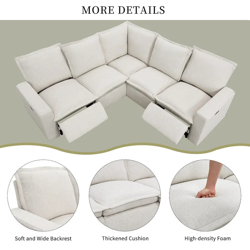 Linen Upholstered L-Shaped Sectional Sofa with 2 Power Recliner Chair and USB Port for Living Room