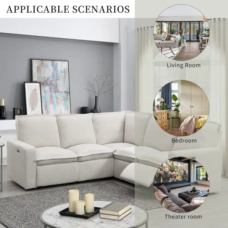 Linen Upholstered L-Shaped Sectional Sofa with 2 Power Recliner Chair and USB Port for Living Room