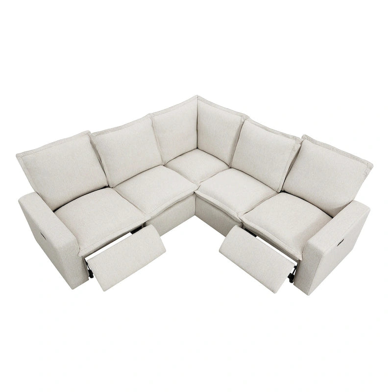 Linen Upholstered L-Shaped Sectional Sofa with 2 Power Recliner Chair and USB Port for Living Room
