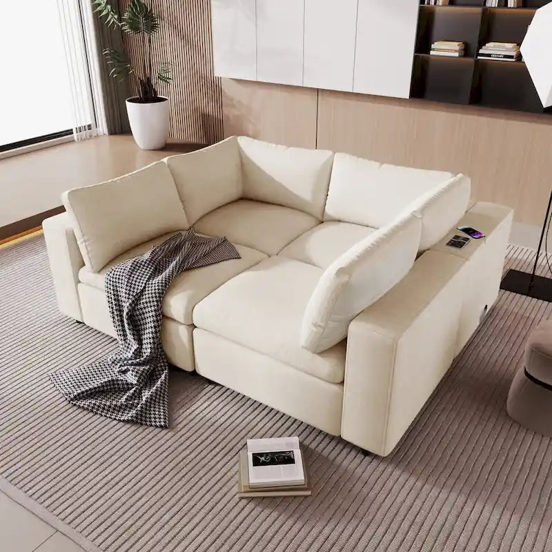 Beige Chenille Modular Sectional Sofa with USB, Bluetooth & Storage