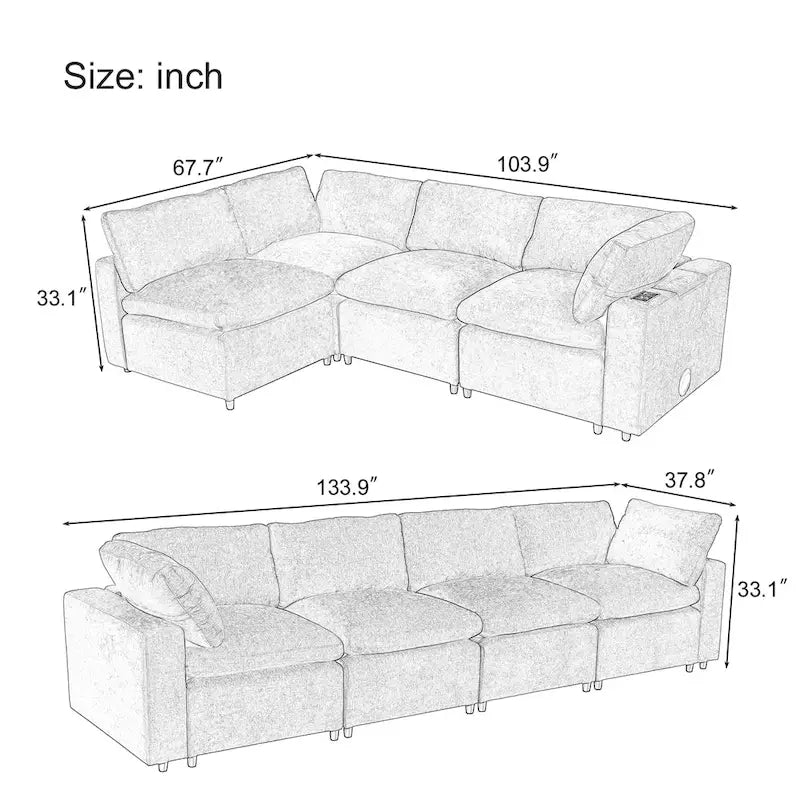Beige Chenille Modular Sectional Sofa with USB, Bluetooth & Storage