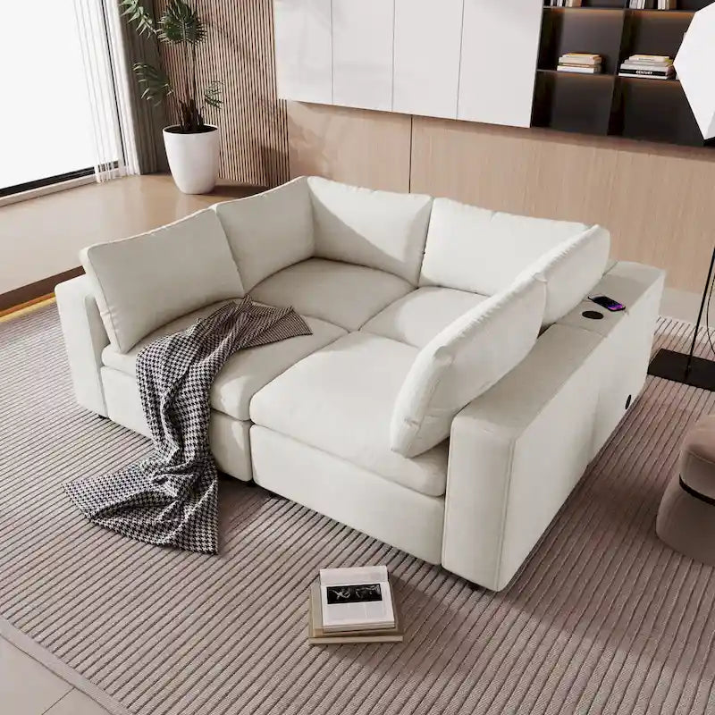 Canapé modulaire sectionnel 4 places capitonné beige avec recharge sans fil