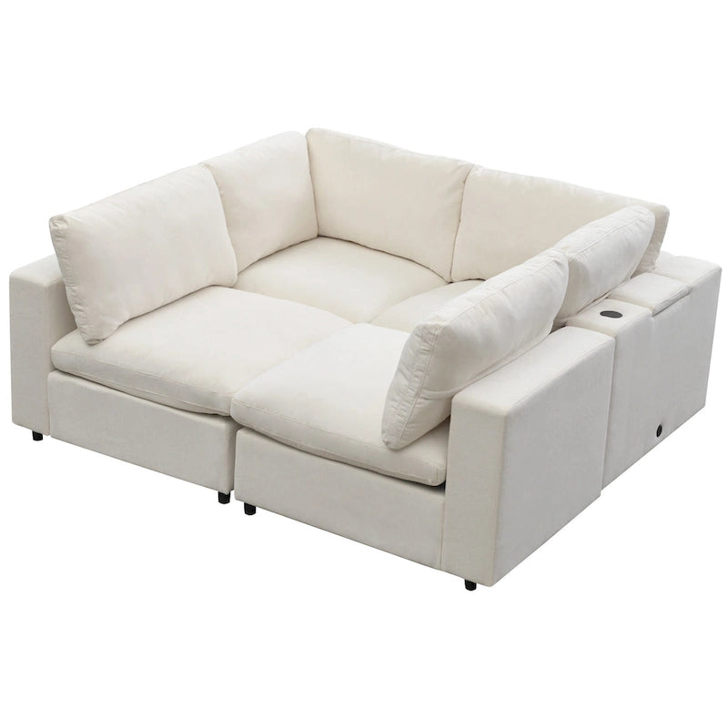 Canapé modulaire sectionnel 4 places capitonné beige avec recharge sans fil
