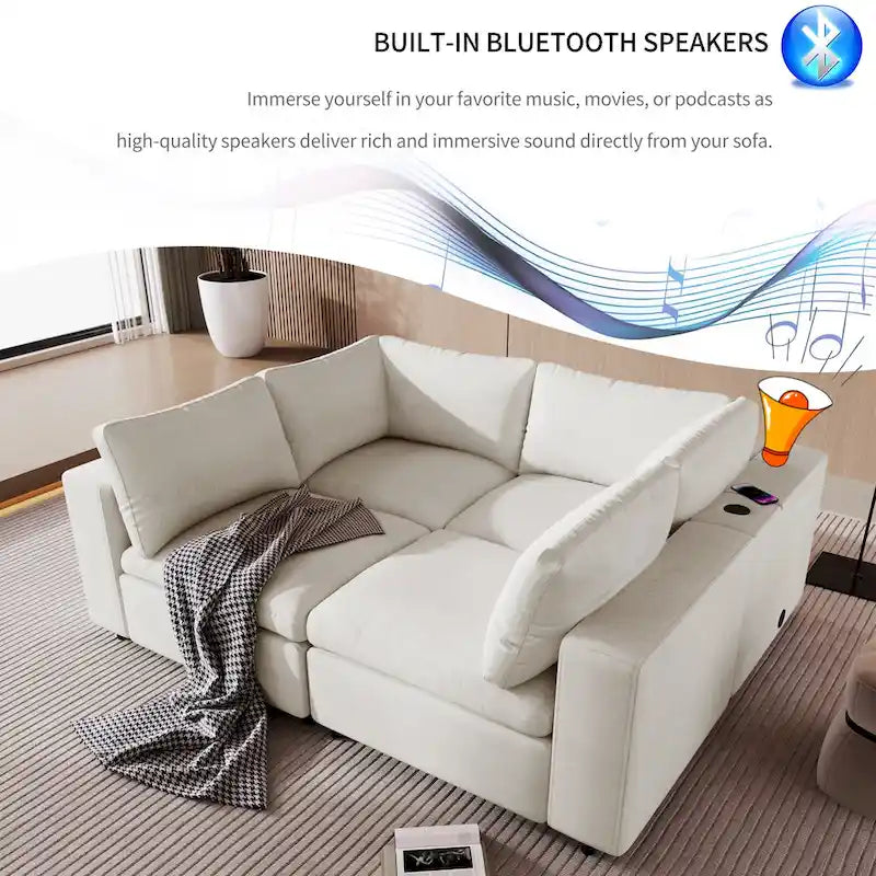 Canapé modulaire sectionnel 4 places capitonné beige avec recharge sans fil