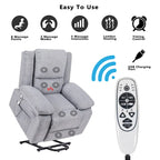 Light Grey Velvet Power Lift Recliner Chair with Massage Points, Lumbar Heating, and Storage Pocket