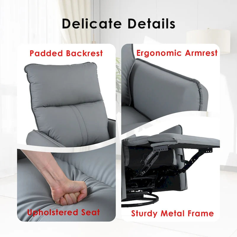 Blue-Gray PU Leather Swivel Glider Rocker Recliner with Pockets, Backrest