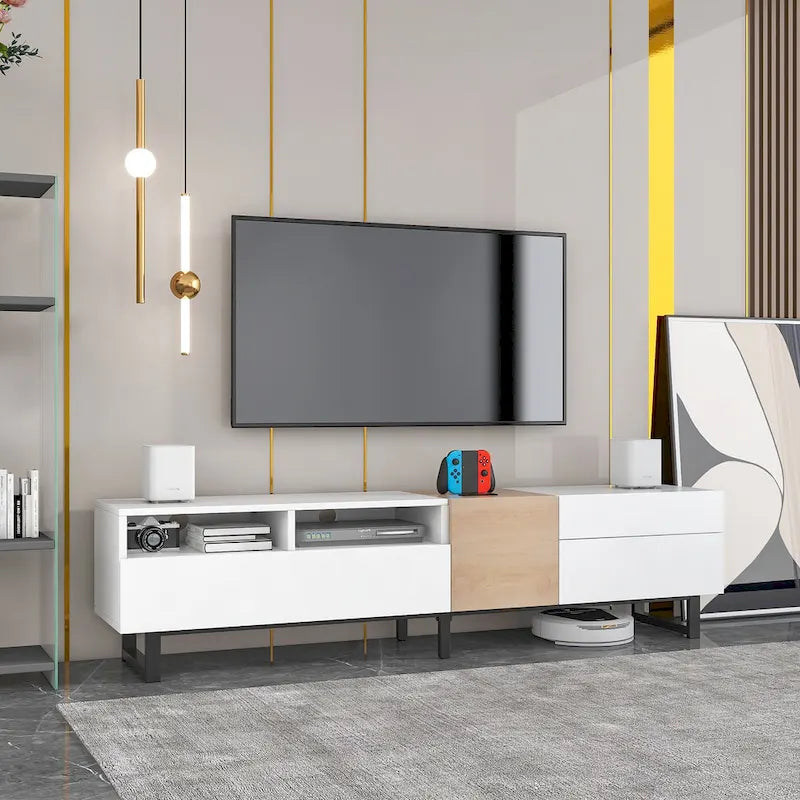 White+Natural 70.9 TV Stand with Storage and Drop Down Door for TVs Up to 80