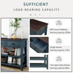 Retro Design Console Table with Two Open Shelves, Pine Solid Wood Frame and Legs for Living Room