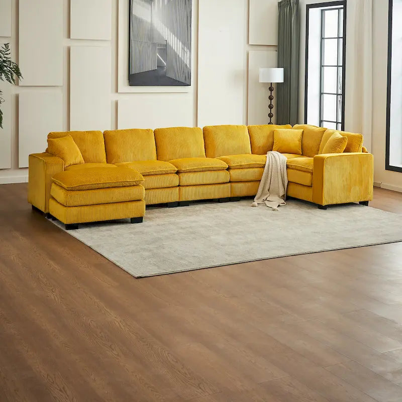 Yellow 118.1 Luxurious U-Shaped 6-Seat Sectional Sofa with Ottoman and 3 Throw Pillows in Durable Corduroy