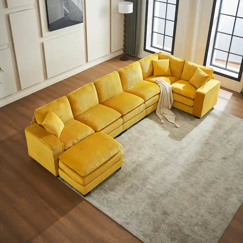 Yellow 118.1 Luxurious U-Shaped 6-Seat Sectional Sofa with Ottoman and 3 Throw Pillows in Durable Corduroy