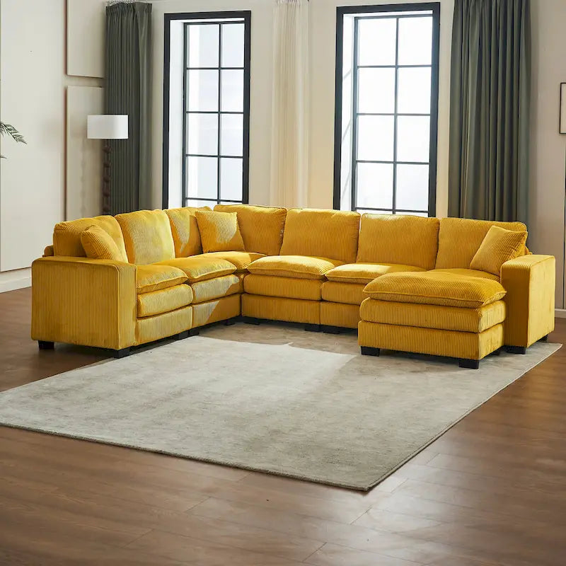 Yellow 118.1 Luxurious U-Shaped 6-Seat Sectional Sofa with Ottoman and 3 Throw Pillows in Durable Corduroy