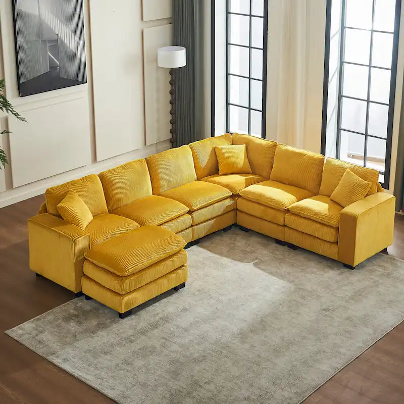 Yellow 118.1 Luxurious U-Shaped 6-Seat Sectional Sofa with Ottoman and 3 Throw Pillows in Durable Corduroy