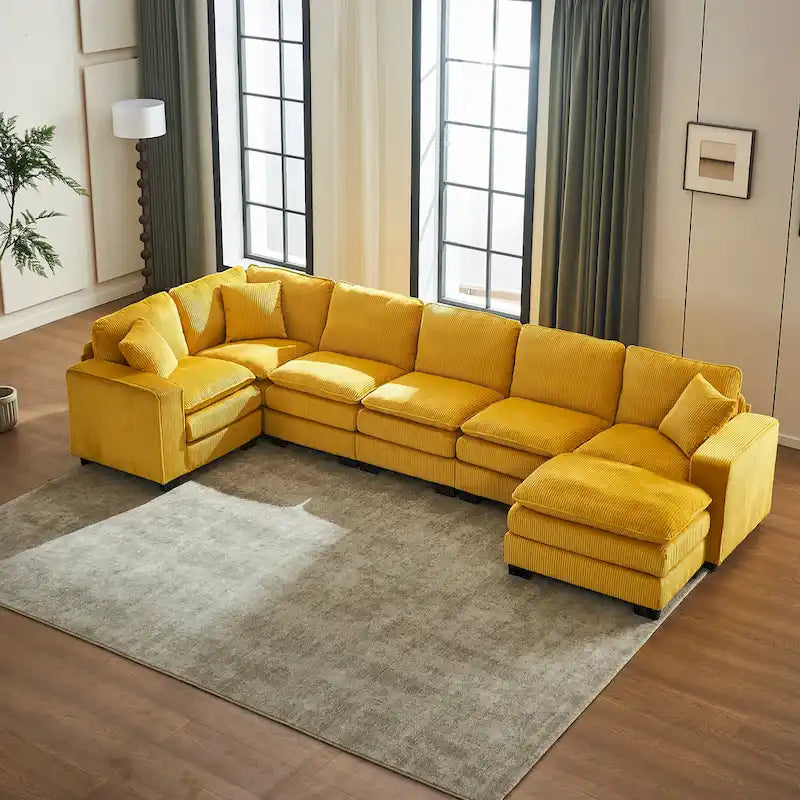 Yellow 118.1 Luxurious U-Shaped 6-Seat Sectional Sofa with Ottoman and 3 Throw Pillows in Durable Corduroy