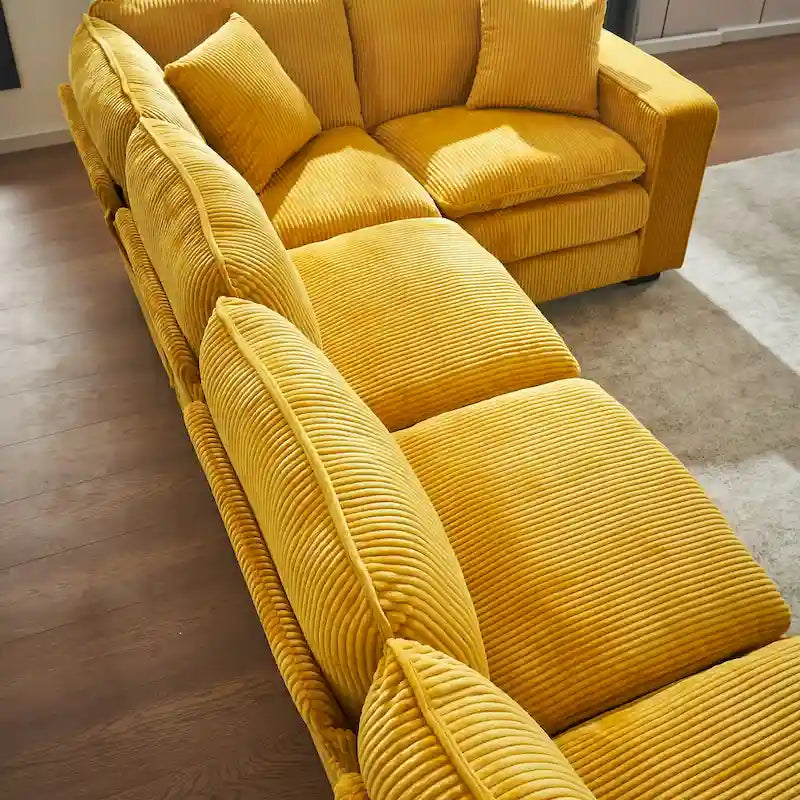 Yellow 118.1 Luxurious U-Shaped 6-Seat Sectional Sofa with Ottoman and 3 Throw Pillows in Durable Corduroy