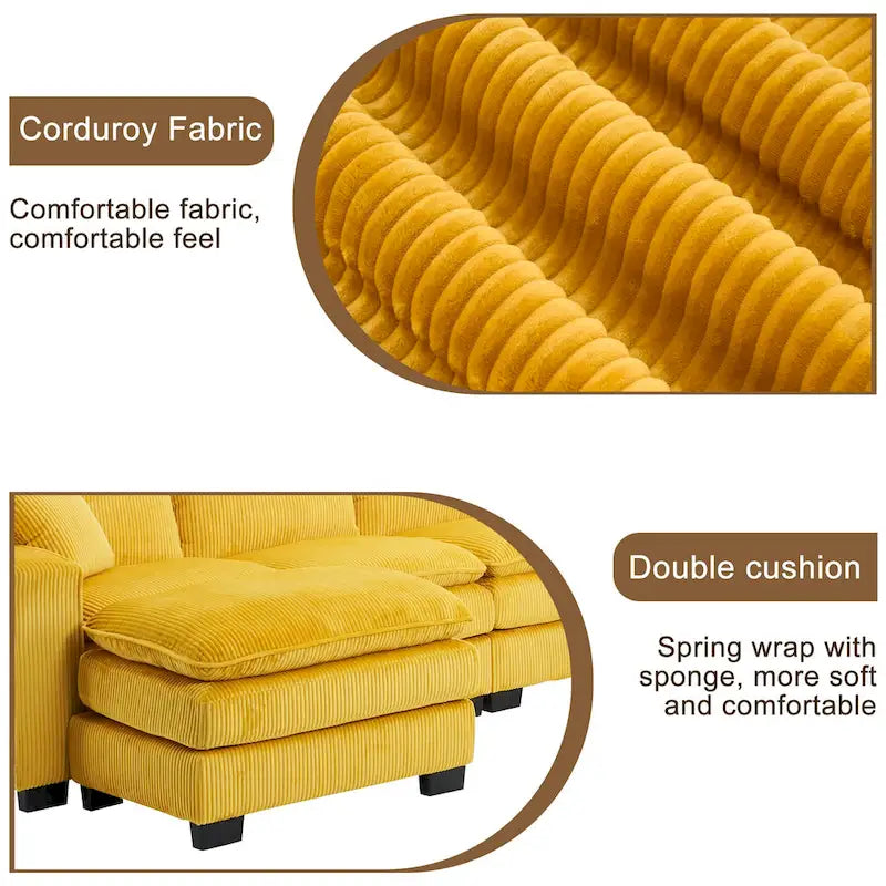 Yellow 118.1 Luxurious U-Shaped 6-Seat Sectional Sofa with Ottoman and 3 Throw Pillows in Durable Corduroy