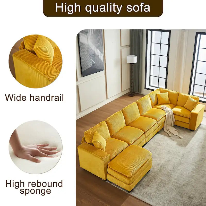 Yellow 118.1 Luxurious U-Shaped 6-Seat Sectional Sofa with Ottoman and 3 Throw Pillows in Durable Corduroy