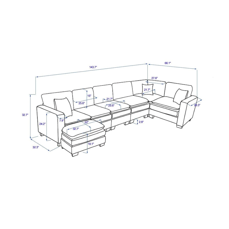 Yellow 118.1 Luxurious U-Shaped 6-Seat Sectional Sofa with Ottoman and 3 Throw Pillows in Durable Corduroy