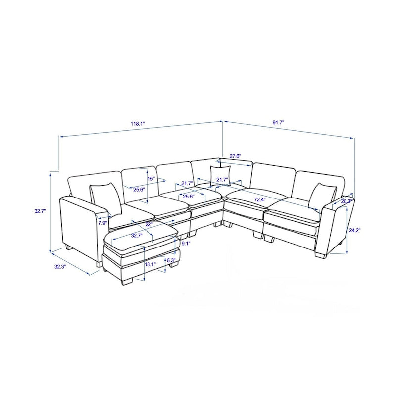 Yellow 118.1 Luxurious U-Shaped 6-Seat Sectional Sofa with Ottoman and 3 Throw Pillows in Durable Corduroy