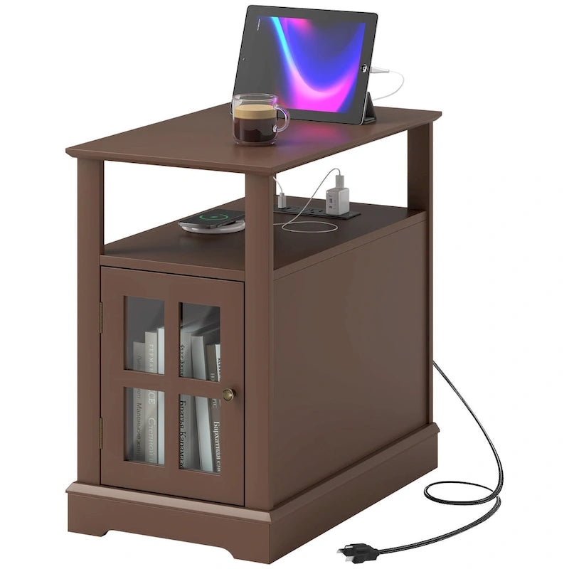 End Table with Charging Station, Narrow Side Table with USB Ports and Outlets, Small Table with Hidden Storage and Open Shelf
