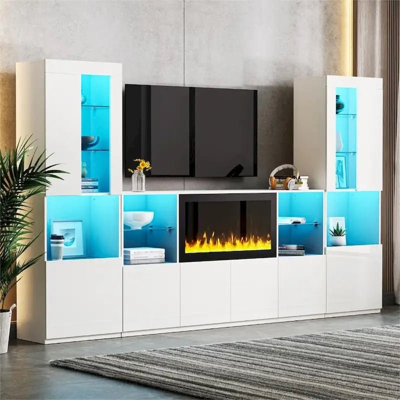 TV Stand with 34.2 Non-heating Electric Fireplace,Entertainment Center with LED Light,Tempered Glass Shelves for TVs up to 75