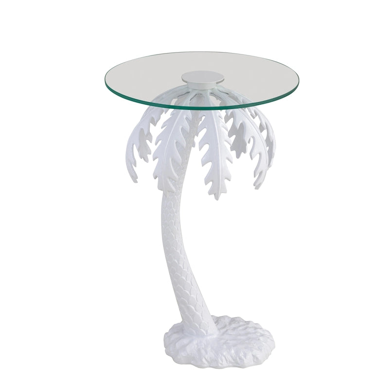 Table d'appoint Hedda 24.75, style palmier vintage en métal avec plateau en verre, blanc, par JONATHAN Y
