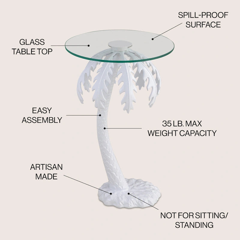 Table d'appoint Hedda 24.75, style palmier vintage en métal avec plateau en verre, blanc, par JONATHAN Y